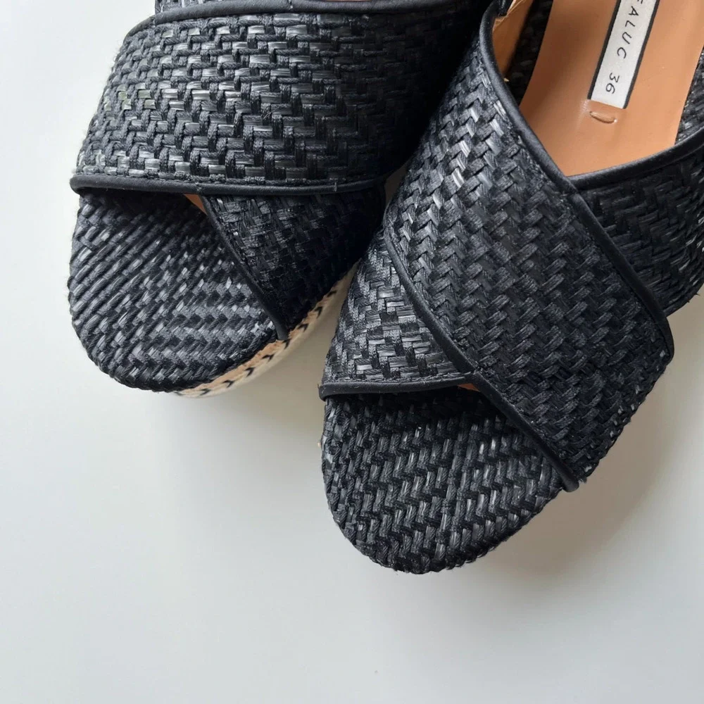 Zara Trafaluc Black Woven Cross Strap Slingback Platform Sandal Womens 36 / US 6